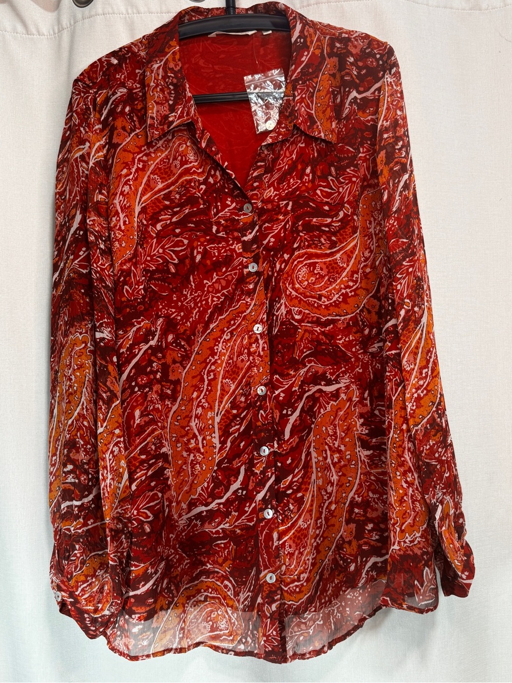 Soft Surroundings 1X Paisley Sheer Lined Chiffon Collared Button-Up Blouse